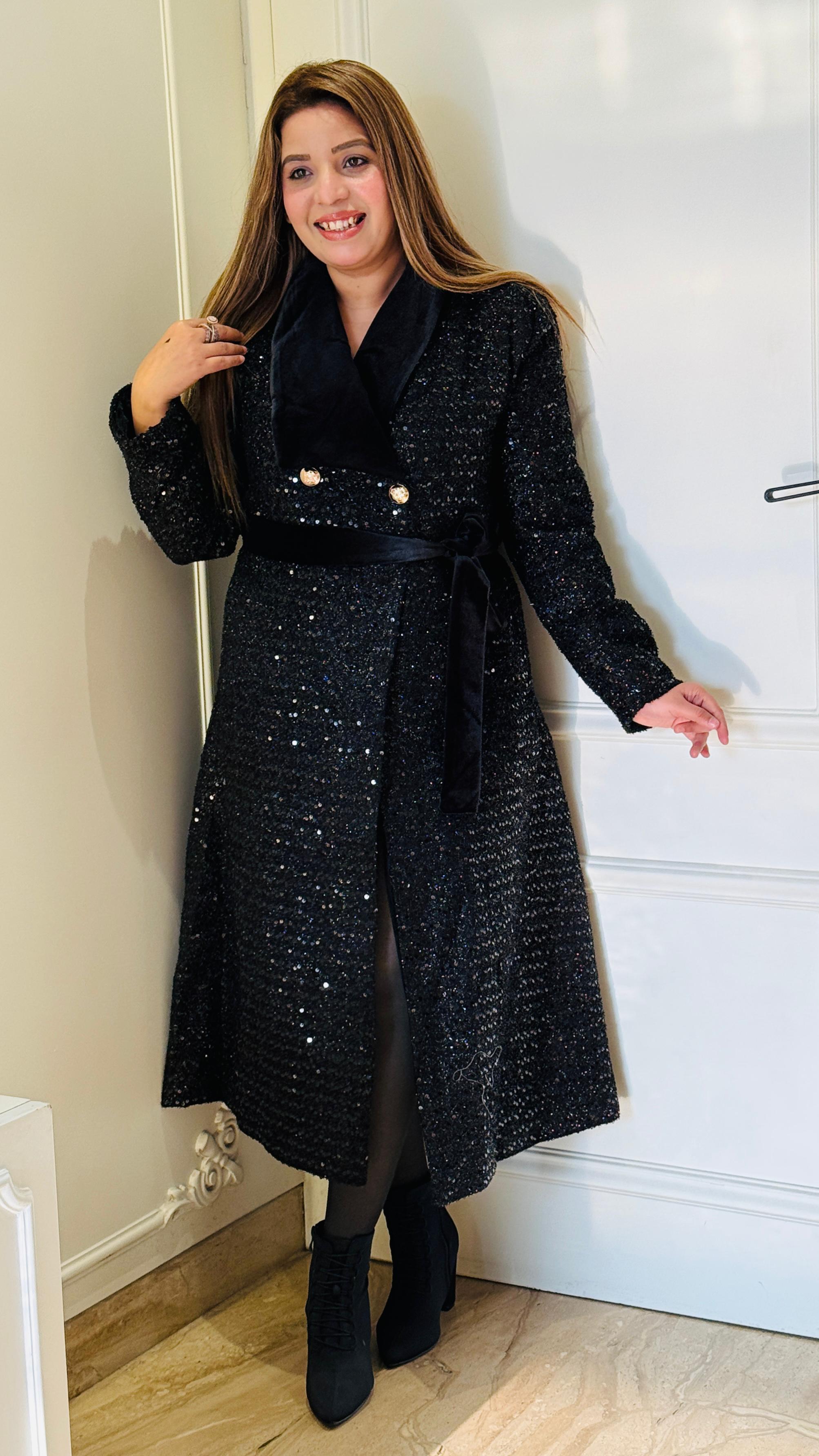 Black Bling Fur Long Coat